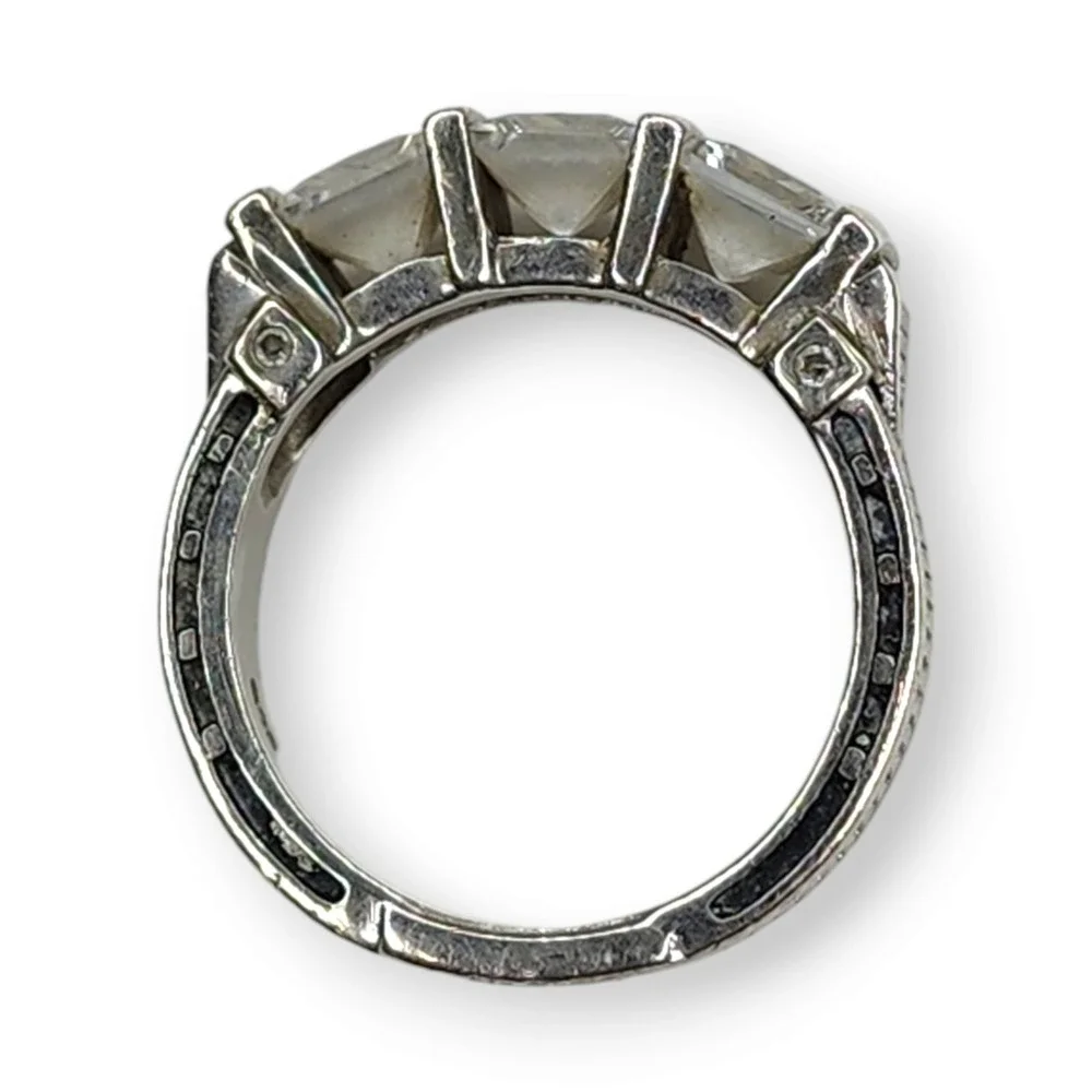 Vintage Ring Sterling‎ Silver 925 Clear Cubic Zirconia Three Stone Cocktail SZ 6